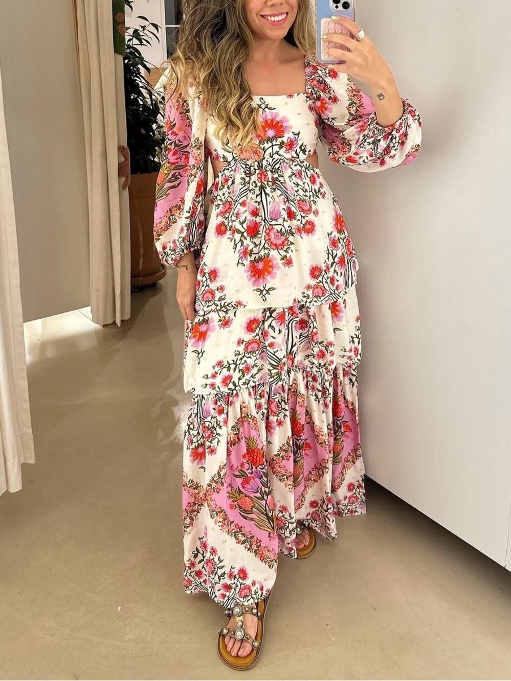 FARM Rio Pink and White Floral Tiered Maxi Dress Size S